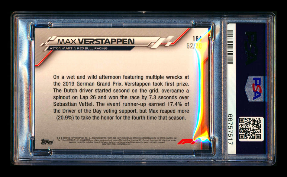 2020 Topps Chrome Sapphire F1 #164 Max Verstappen RC 70th Silver Refractor #62/70 PSA 8