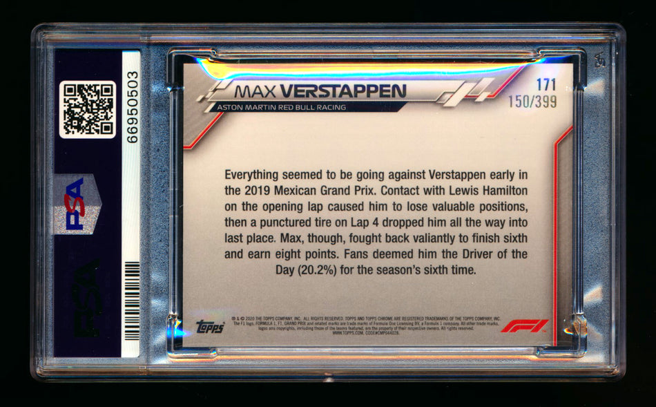 2020 Topps Chrome F1 #171 Max Verstappen RC Purple Refractor #150/399 PSA 9