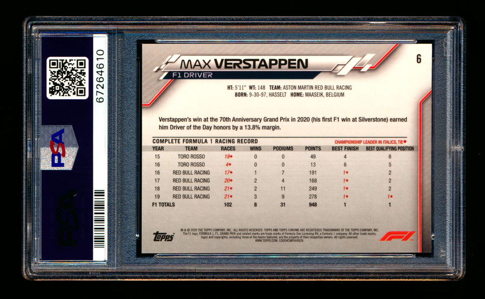 2020 Topps Chrome F1 #6 Max Verstappen RC Portrait PSA 10