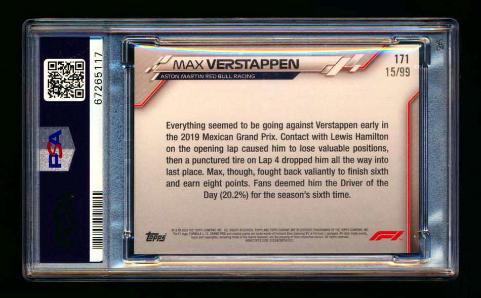 2020 Topps Chrome Sapphire F1 #171 Max Verstappen RC Aqua Refractor #15/99 PSA 8