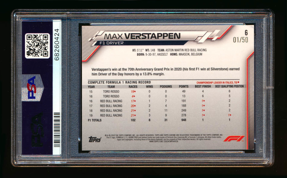 2020 Topps Chrome F1 #6 Max Verstappen RC Gold Refractor Portrait #01/50 PSA 8