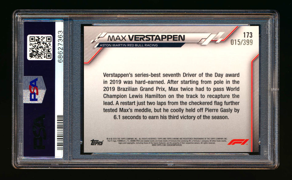 2020 Topps Chrome F1 #173 Max Verstappen RC Purple Refractor #015/399 PSA 9