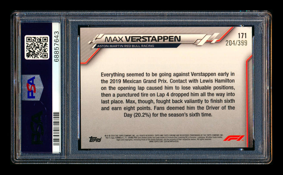 2020 Topps Chrome F1 #171 Max Verstappen RC Purple Refractor #204/399 PSA 8