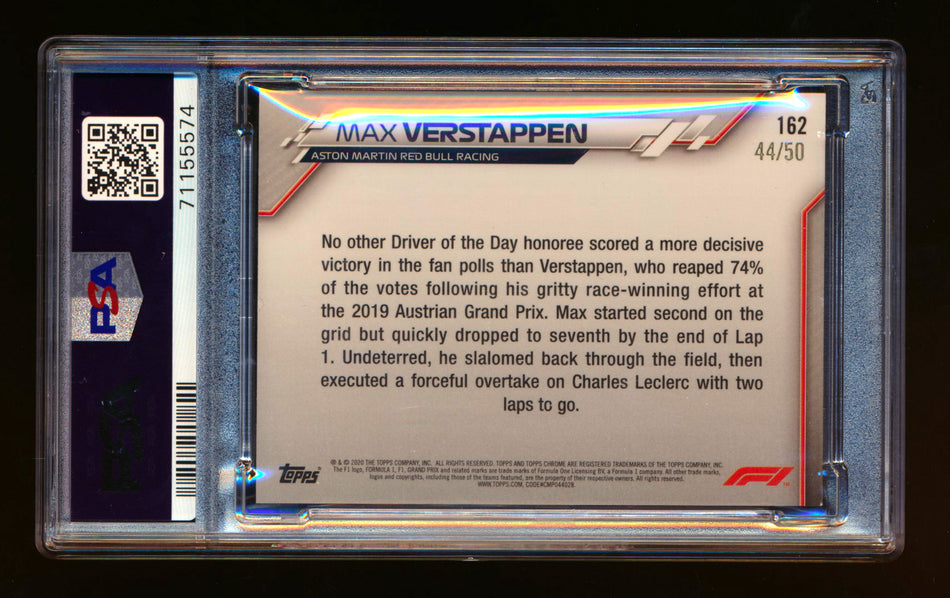 2020 Topps Chrome F1 #162 Max Verstappen RC Gold Refractor #44/50 PSA 9 ** (SOLD - $395.00 - 10/28/2024) **