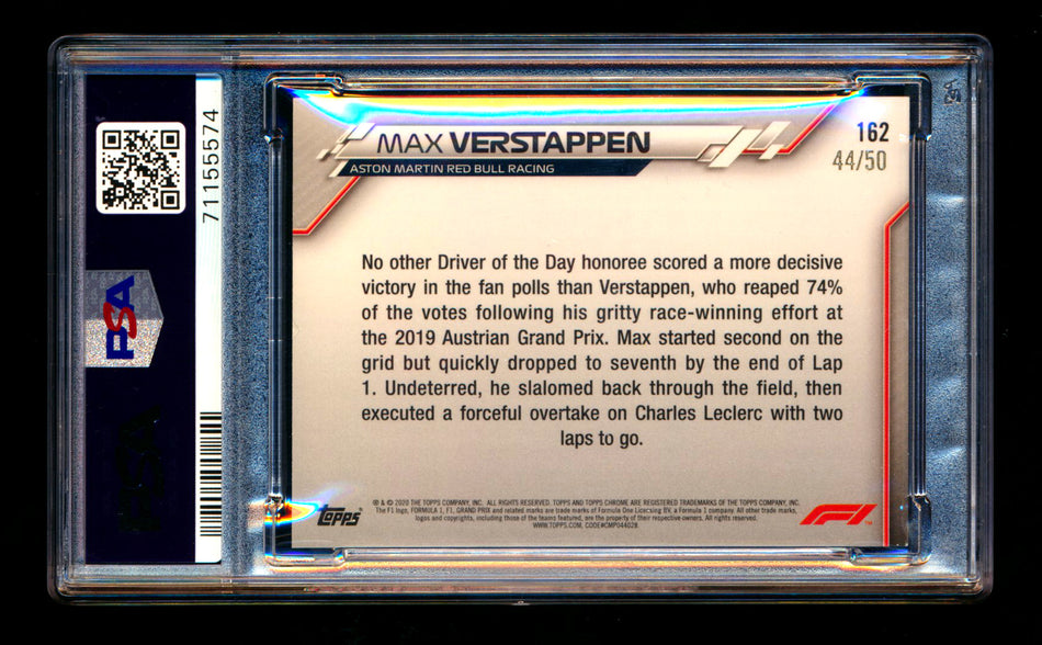 2020 Topps Chrome F1 #162 Max Verstappen RC Gold Refractor #44/50 PSA 9 ** (SOLD - $350.00 - 4/30/2025) **