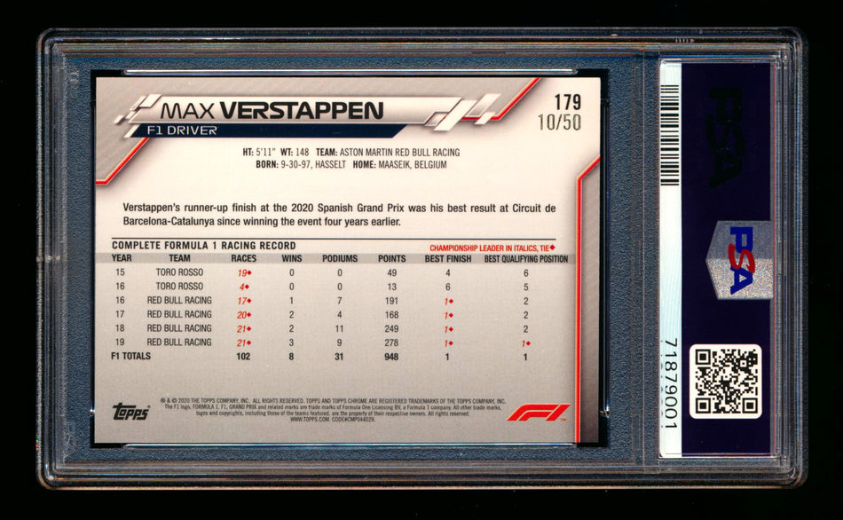 2020 Topps Chrome F1 #179 Max Verstappen RC Gold Refractor #10/50 PSA 8