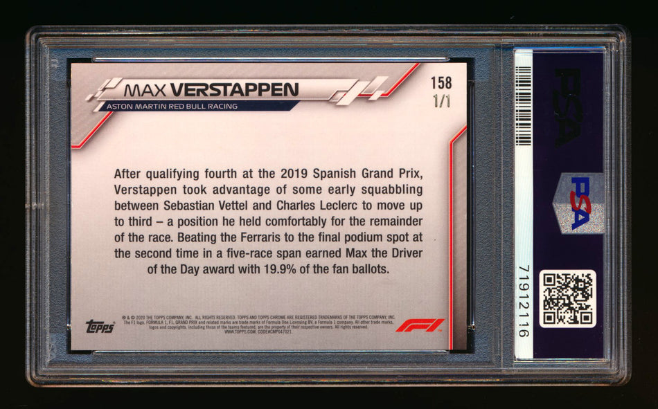 2020 Topps Chrome Sapphire F1 #158 Max Verstappen RC Padparadscha Refractor #1/1 PSA 8