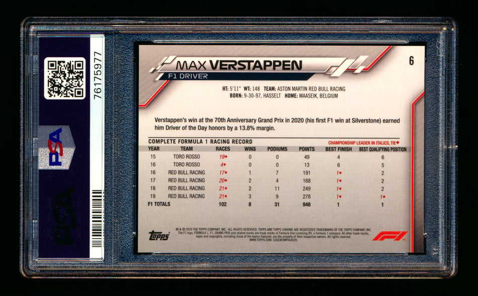 2020 Topps Chrome F1 #6 Max Verstappen RC Portrait PSA 10 ** (SOLD eBay - $139.00 - 1/12/2025) **