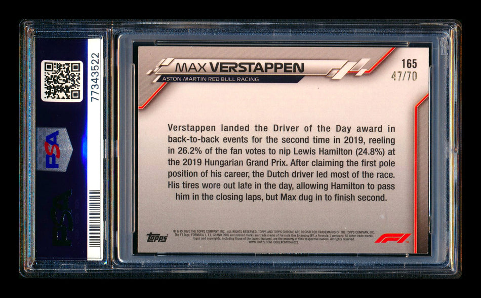 2020 Topps Chrome Sapphire F1 #165 Max Verstappen RC 70th Silver Refractor #47/70 PSA 9