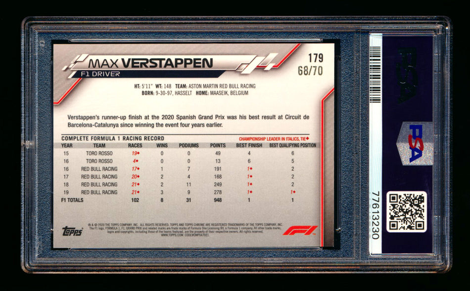 2020 Topps Chrome Sapphire F1 #179 Max Verstappen RC 70th Silver Refractor #68/70 PSA 9
