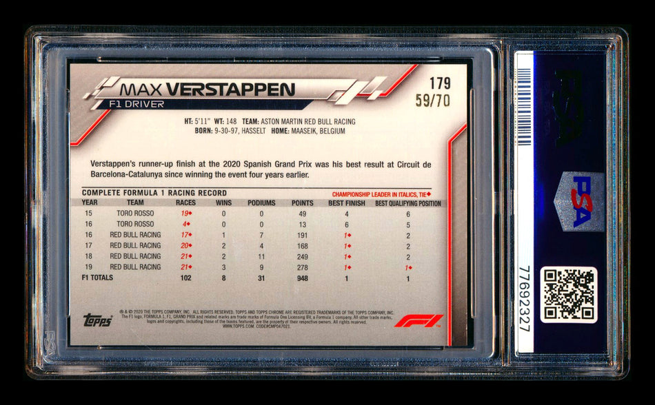 2020 Topps Chrome Sapphire F1 #179 Max Verstappen RC 70th Silver Refractor #59/70 PSA 9