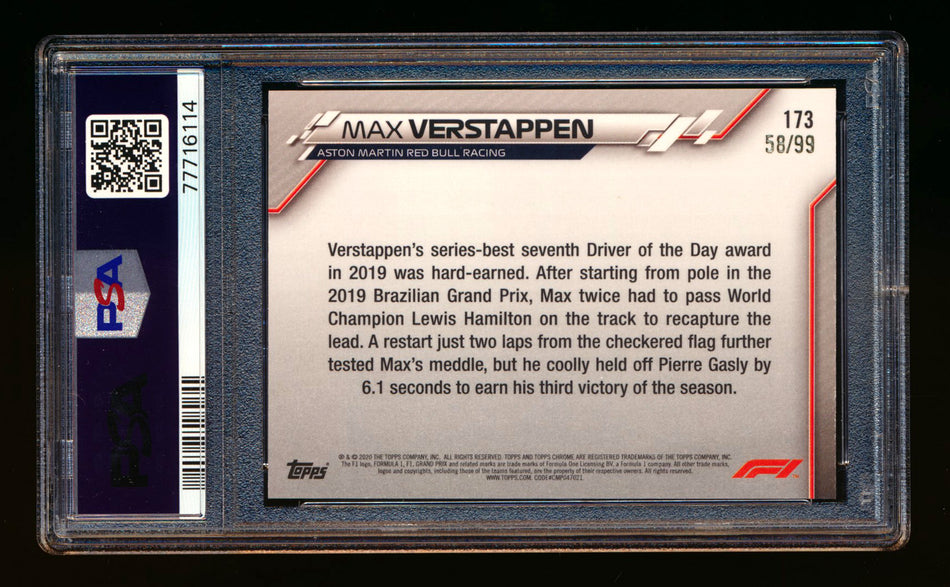 2020 Topps Chrome Sapphire F1 #173 Max Verstappen RC Aqua Refractor #58/99 PSA 10