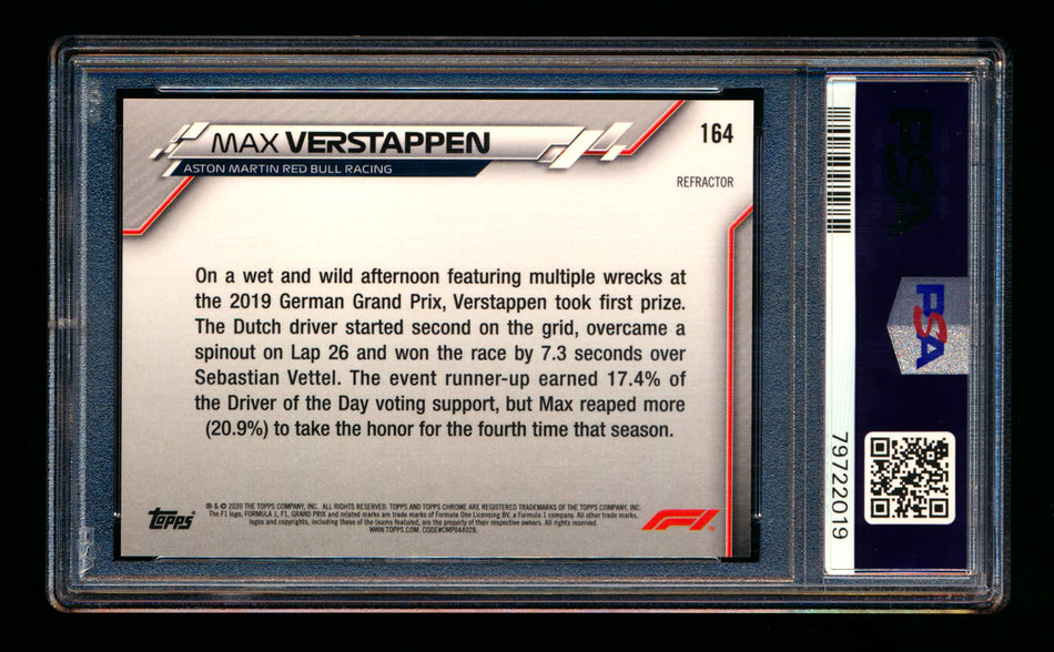2020 Topps Chrome F1 #164 Max Verstappen RC Refractor PSA 10 ** (SOLD eBay - $249.00 - 9/29/2025) **