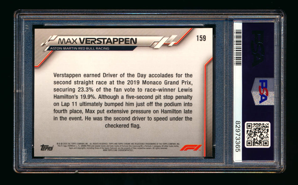 2020 Topps Chrome Sapphire F1 #159 Max Verstappen RC Refractor PSA 10 ** (SOLD - $49.00 - 11/18/2024) **