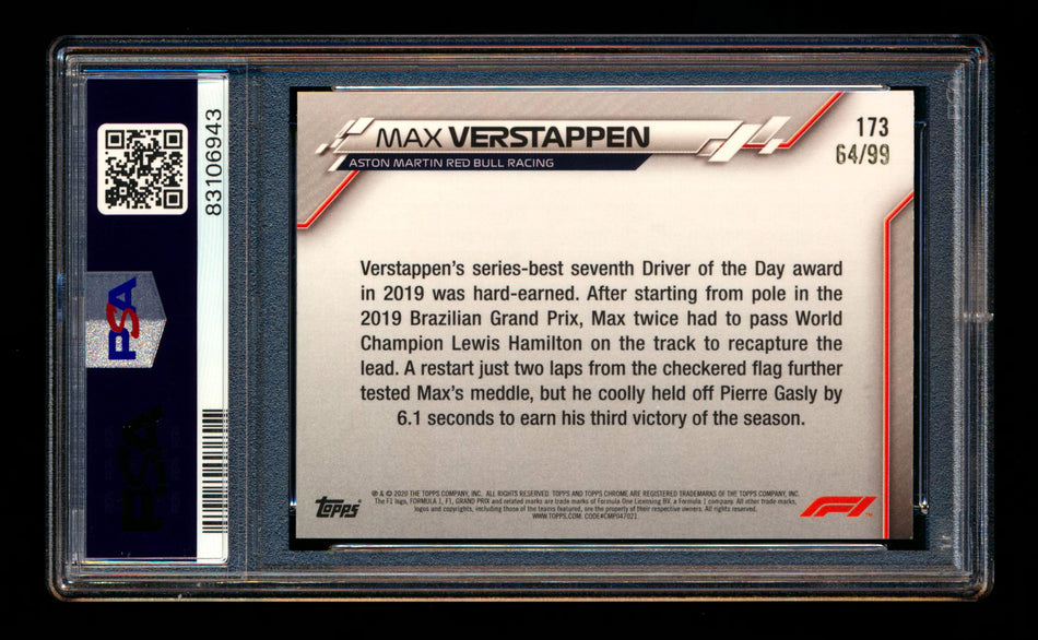 2020 Topps Chrome Sapphire F1 #173 Max Verstappen RC Aqua Refractor #64/99 PSA 9