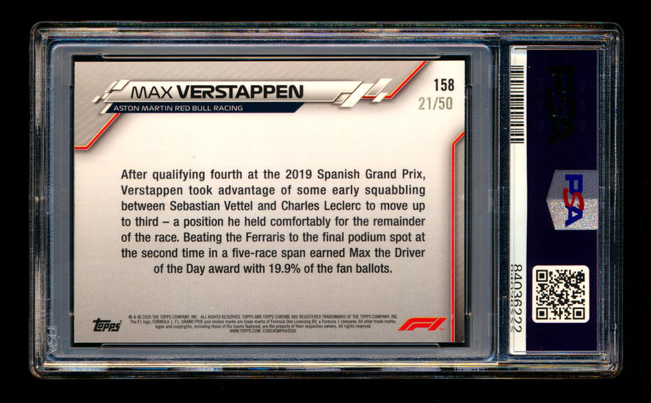 2020 Topps Chrome F1 #158 Max Verstappen RC Gold Refractor #21/50 PSA 8