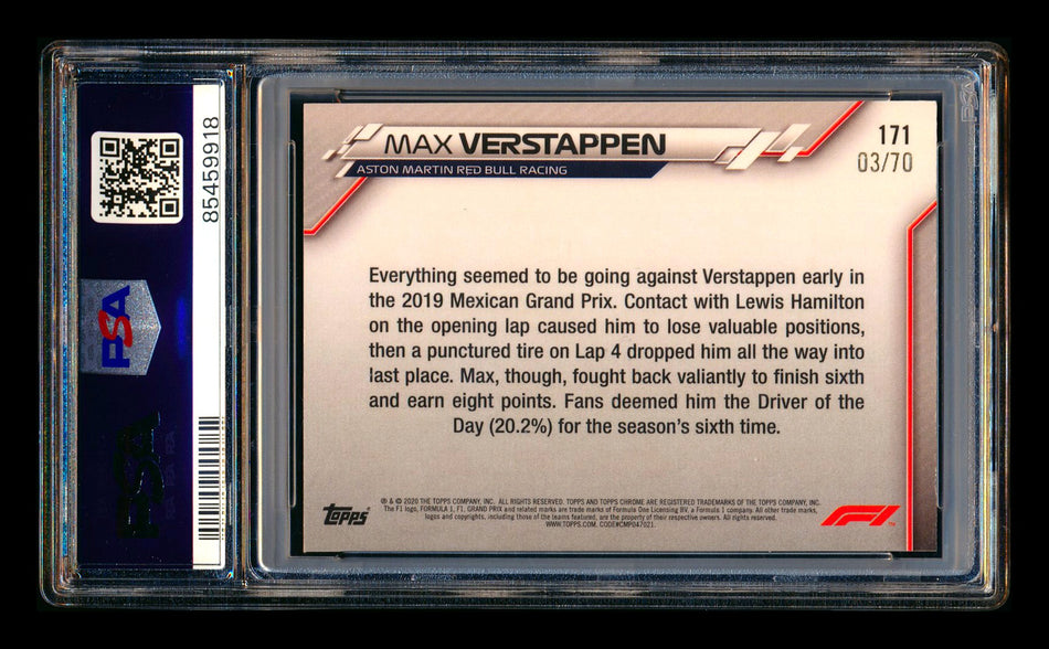 2020 Topps Chrome Sapphire F1 #171 Max Verstappen RC 70th Silver Refractor #03/70 PSA 9 (Car Number #3!)