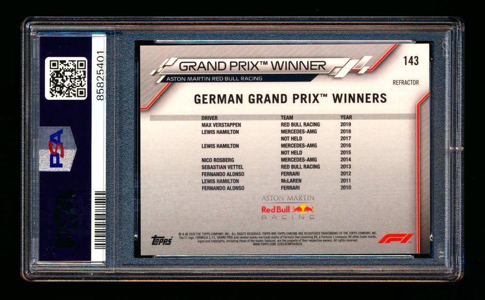 2020 Topps Chrome F1 #143 Max Verstappen RC Refractor PSA 10 ** (SOLD eBay - $139.00 - 9/29/2025) **