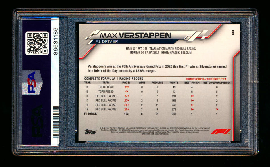 2020 Topps Chrome F1 #6 Max Verstappen RC 70th Anniversary Gold Refractor Portrait PSA 10