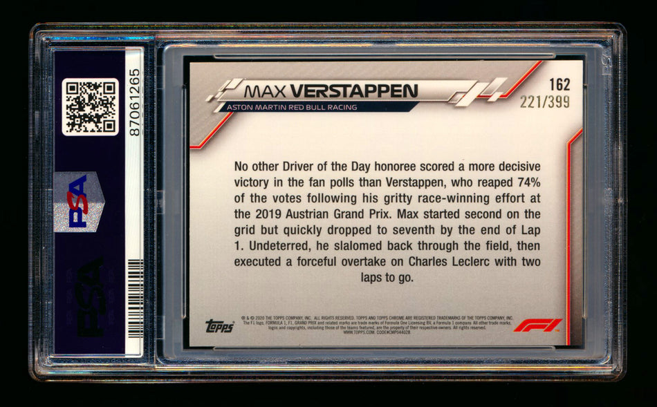 2020 Topps Chrome F1 #162 Max Verstappen RC Purple Refractor #221/399 PSA 10