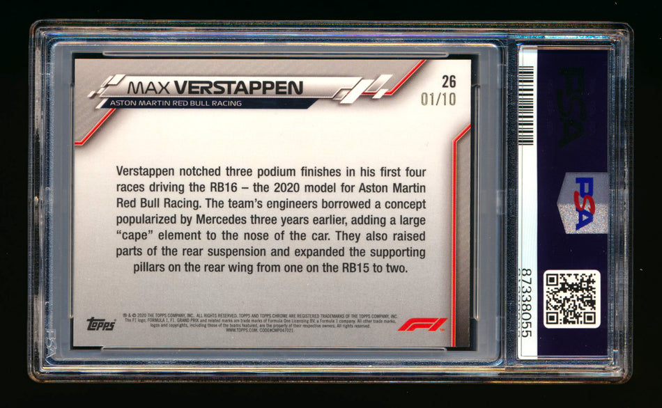 2020 Topps Chrome Sapphire F1 #26 Max Verstappen RC Purple Refractor #01/10 PSA 10 (Car Number!)