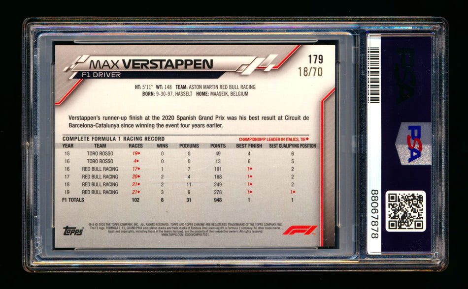 2020 Topps Chrome Sapphire F1 #179 Max Verstappen RC 70th Silver Refractor #18/70 PSA 10