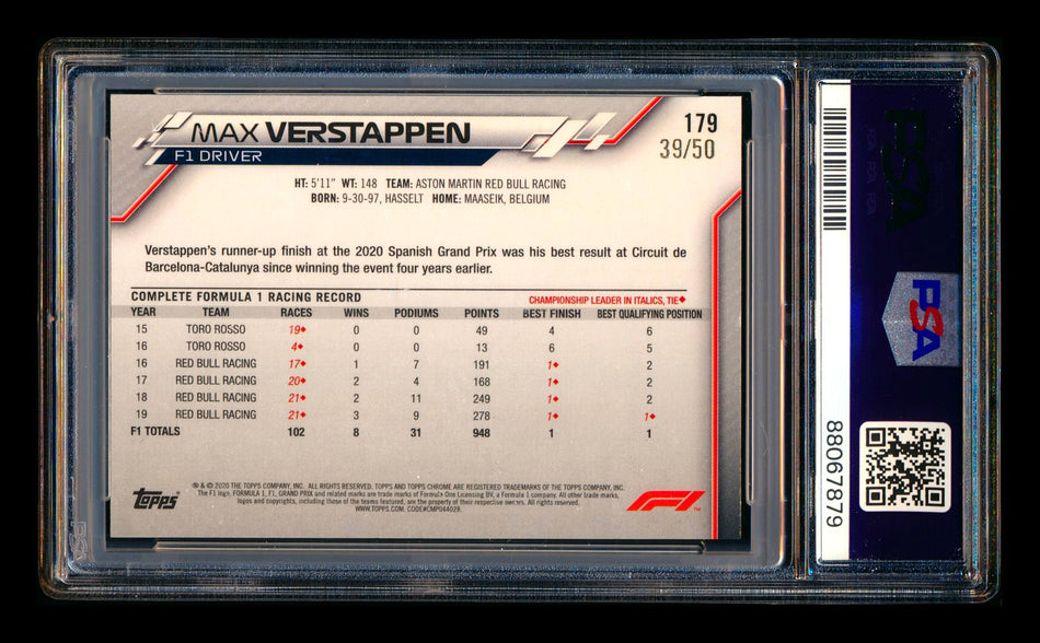 2020 Topps Chrome F1 #179 Max Verstappen RC Gold Wave Refractor #39/50 PSA 8