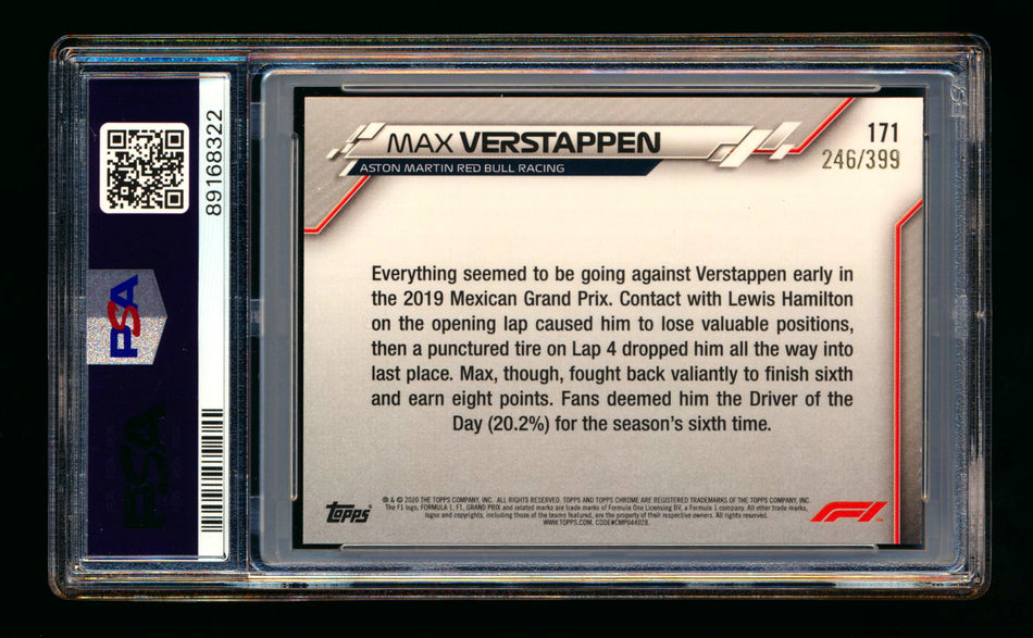 2020 Topps Chrome F1 #171 Max Verstappen RC Purple Refractor #246/399 PSA 8