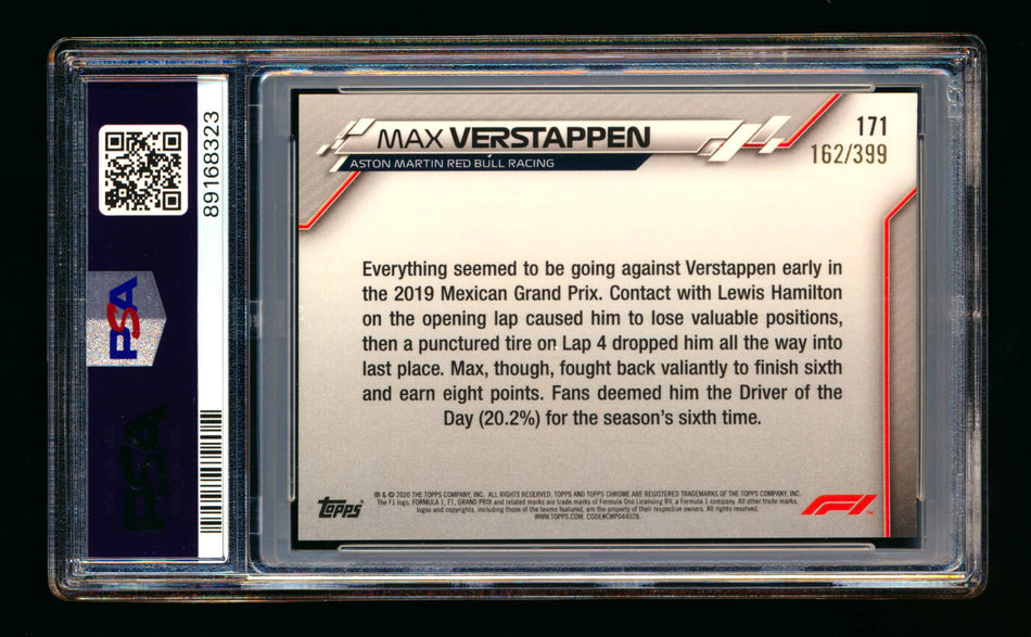 2020 Topps Chrome F1 #171 Max Verstappen RC Purple Refractor #162/399 PSA 8
