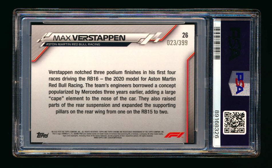 2020 Topps Chrome F1 #26 Max Verstappen RC Purple Refractor #023/399 PSA 7 ** (SOLD eBay - $32.00 - 9/30/2025) **
