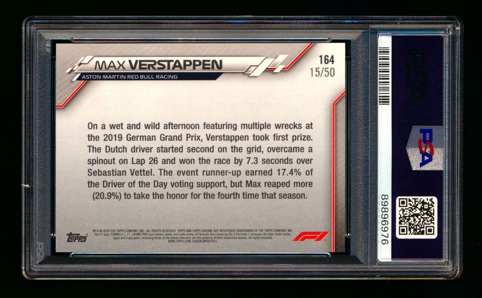 2020 Topps Chrome Sapphire F1 #164 Max Verstappen RC Gold Refractor #15/50 PSA 10 ** (SOLD eBay - $495.00 - 1/8/2025) **