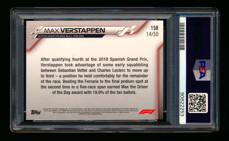 2020 Topps Chrome Sapphire F1 #158 Max Verstappen RC Gold Refractor #14/50 PSA 7