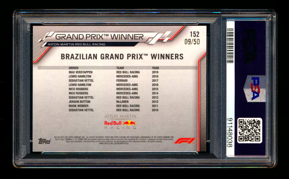 2020 Topps Chrome Sapphire F1 #152 Max Verstappen RC Gold Refractor #09/50 PSA 8 ** (SOLD - $175.00 - 9/19/2025) **
