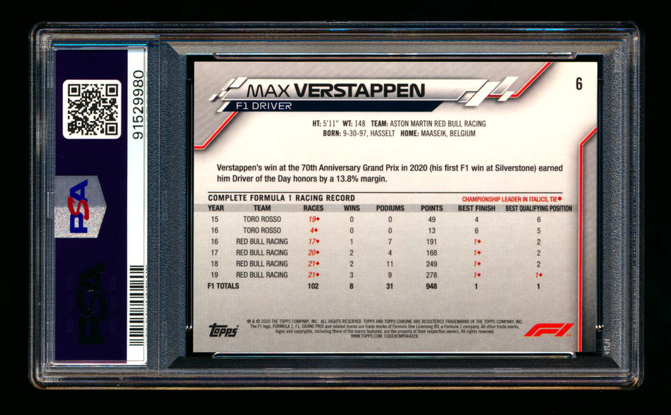 2020 Topps Chrome F1 #6 Max Verstappen RC 70th Anniversary Orange Refractor Portrait PSA 10 ** (SOLD eBay - $2200.00 - 3/9/2025) **