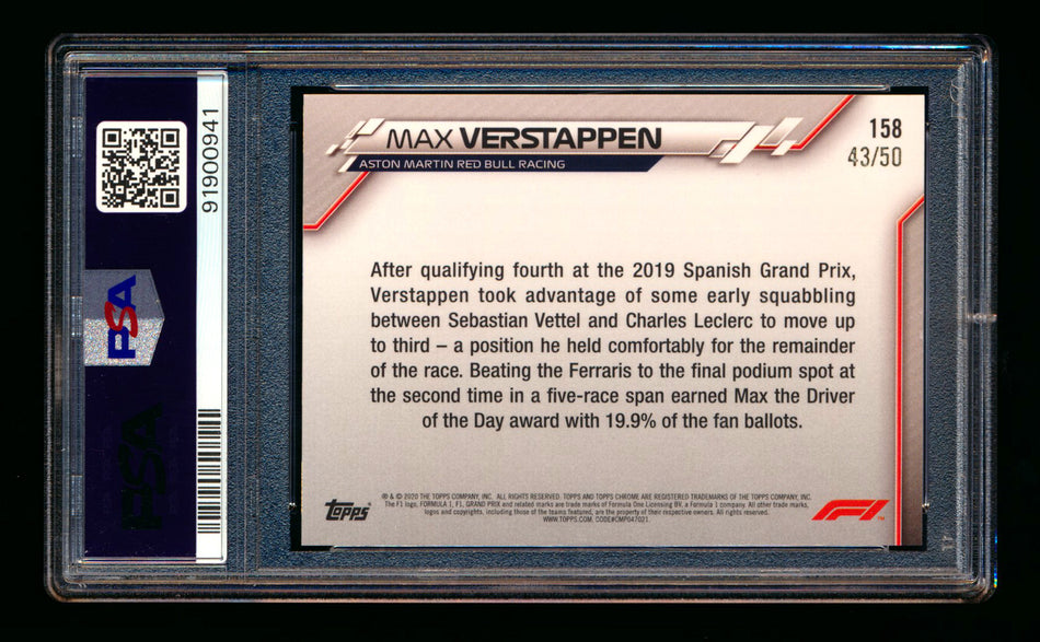 2020 Topps Chrome Sapphire F1 #158 Max Verstappen RC Gold Refractor #43/50 PSA 9