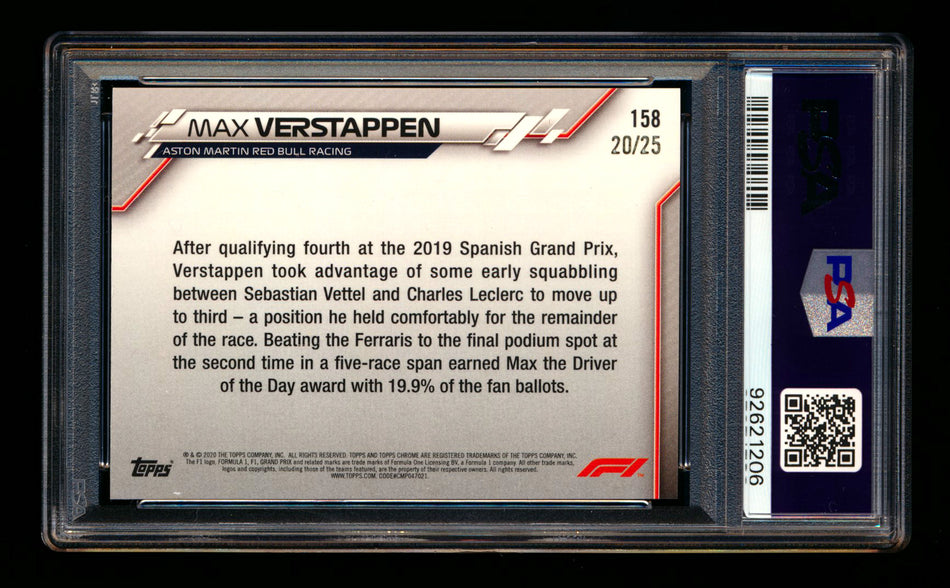 2020 Topps Chrome Sapphire F1 #158 Max Verstappen RC Orange Refractor #20/25 PSA 9