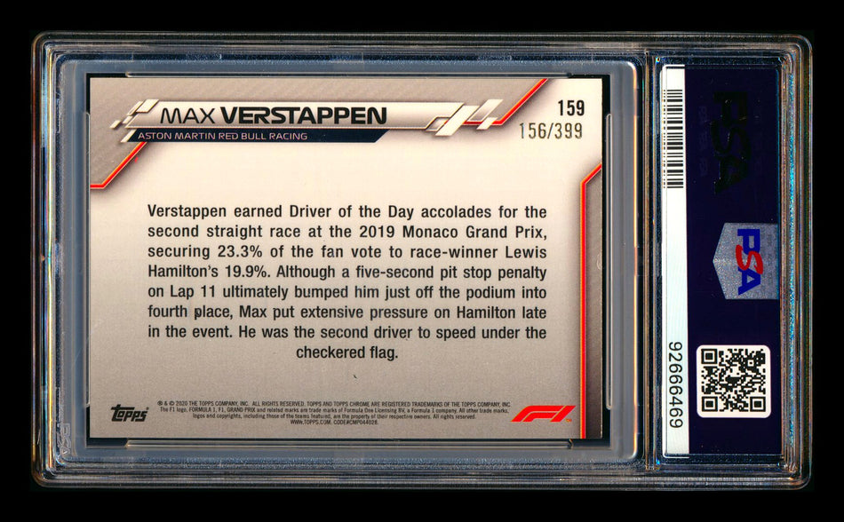 2020 Topps Chrome F1 #159 Max Verstappen RC Purple Refractor #156/399 PSA 8 ** (SOLD - $89.00 - 8/24/2026) **