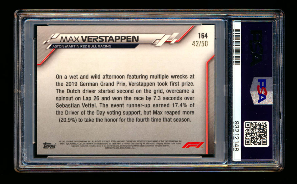 2020 Topps Chrome Sapphire F1 #164 Max Verstappen RC Gold Refractor #42/50 PSA 9