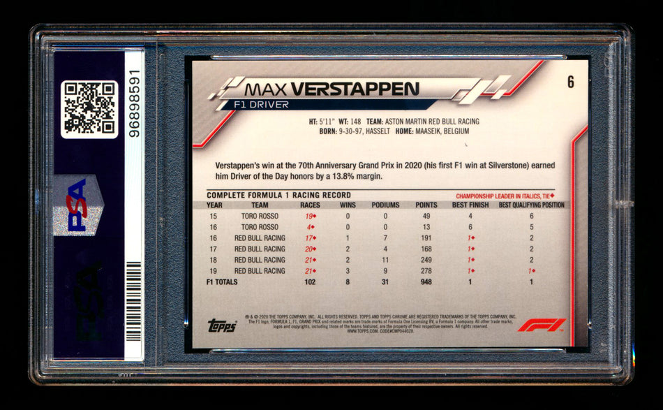 2020 Topps Chrome F1 #6 Max Verstappen RC Portrait PSA 9 ** (SOLD eBay - $79.00 - 8/24/2025) **