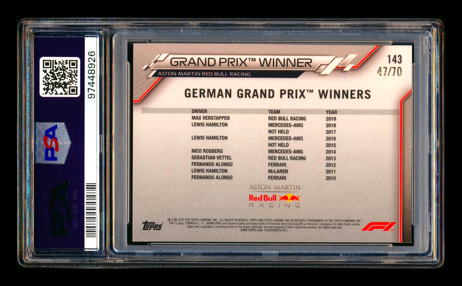 2020 Topps Chrome Sapphire F1 #143 Max Verstappen RC 70th Silver Refractor #47/70 PSA 8