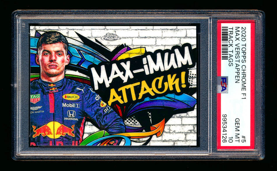 2020 Topps Chrome F1 Track Tags #TT-5 Max "MAX-imum Attack!" Verstappen RC Refractor PSA 10