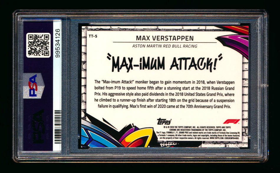 2020 Topps Chrome F1 Track Tags #TT-5 Max "MAX-imum Attack!" Verstappen RC Refractor PSA 10