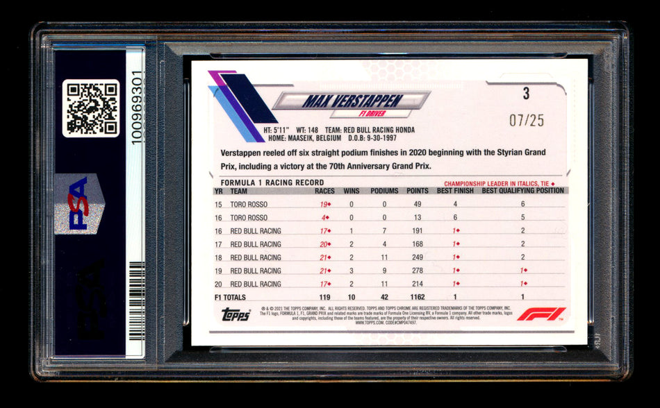 2021 Topps Chrome F1 #3 Max Verstappen Orange Wave Refractor Portrait #07/25 PSA 9 ** (SOLD - $179.00 - 4/25/2025) **