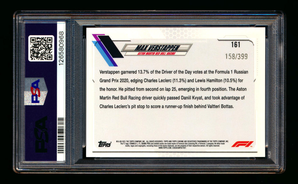 2021 Topps Chrome F1 #161 Max Verstappen Purple Refractor #158/399 PSA 10