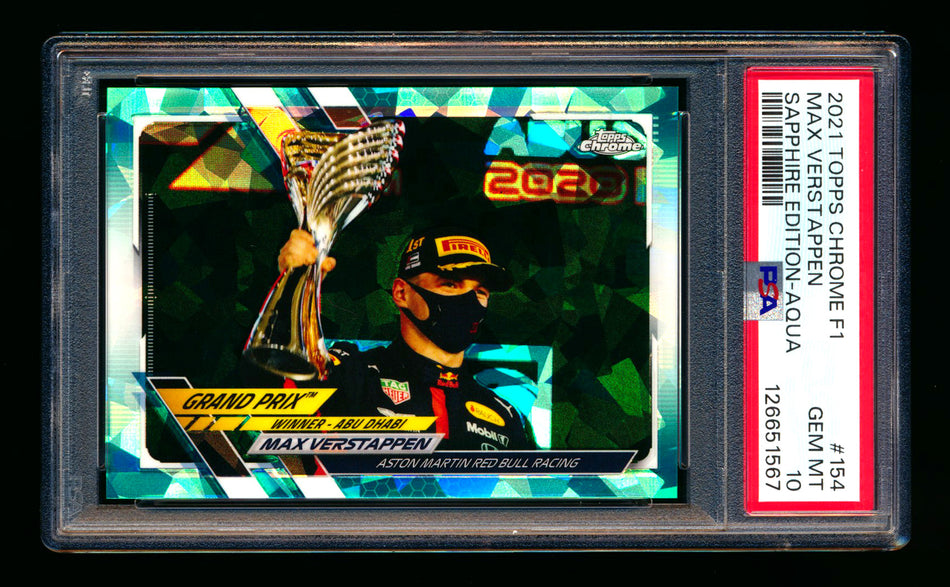 2021 Topps Chrome Sapphire F1 #154 Max Verstappen Aqua Refractor #28/99 PSA 10