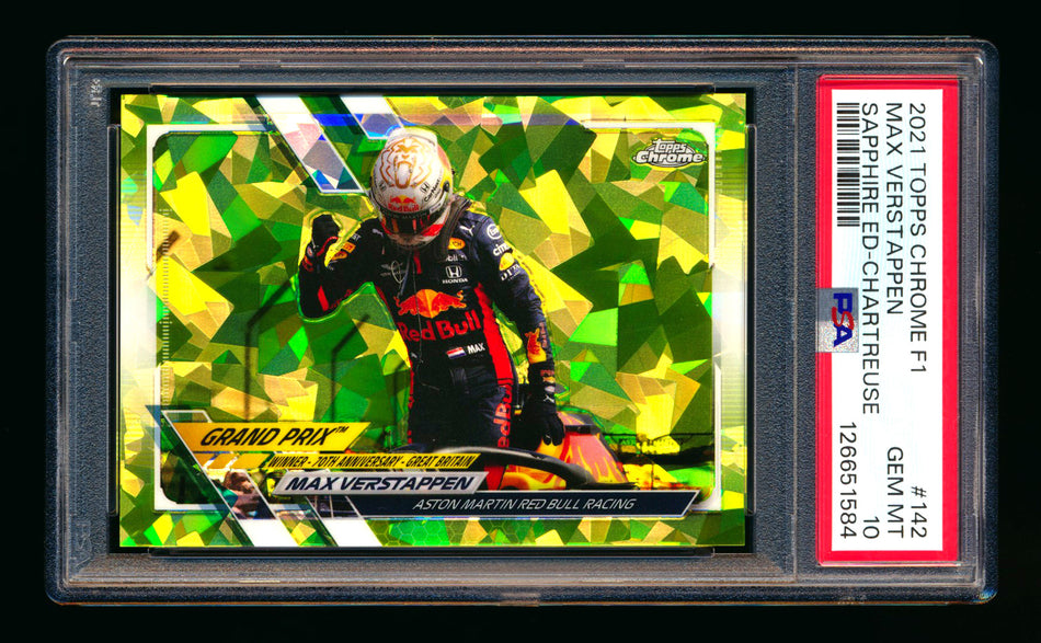 2021 Topps Chrome Sapphire F1 #142 Max Verstappen Chartreuse Refractor #094/199 PSA 10 ** (SOLD eBay - $89.00 - 12/24/2025) **