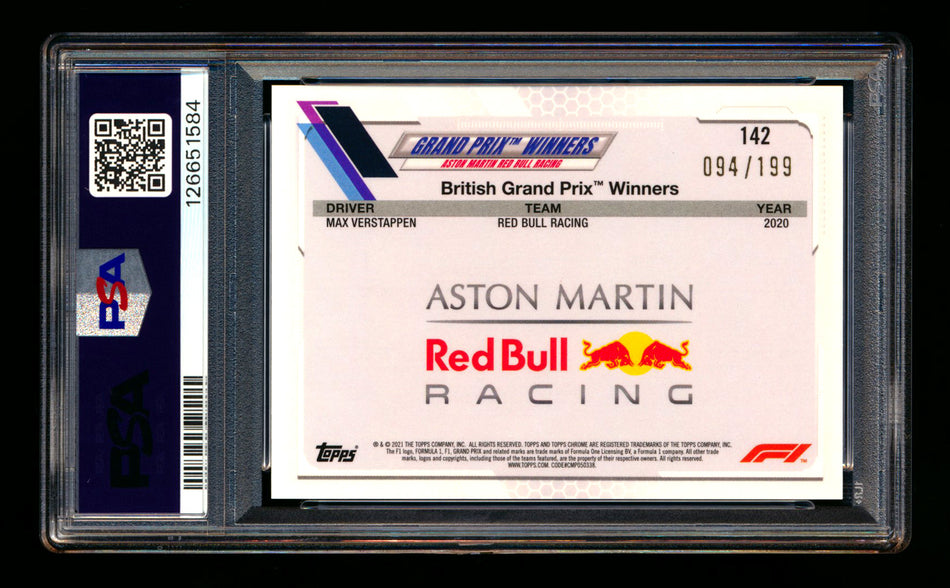 2021 Topps Chrome Sapphire F1 #142 Max Verstappen Chartreuse Refractor #094/199 PSA 10 ** (SOLD eBay - $89.00 - 12/24/2025) **