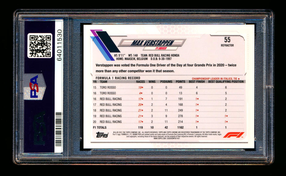 2021 Topps Chrome F1 #55 Max Verstappen Refractor PSA 10