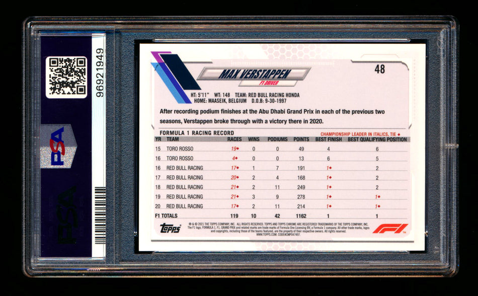 2021 Topps Chrome F1 #48 Max Verstappen Red/Green Refractor PSA 10