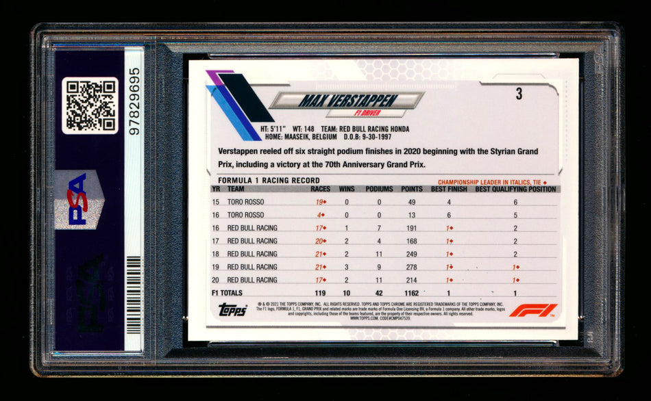 2021 Topps Chrome F1 #3 Max Verstappen Refractor Image Variation SP PSA 10 ** (SOLD - $75.00 - 1/17/2025) **
